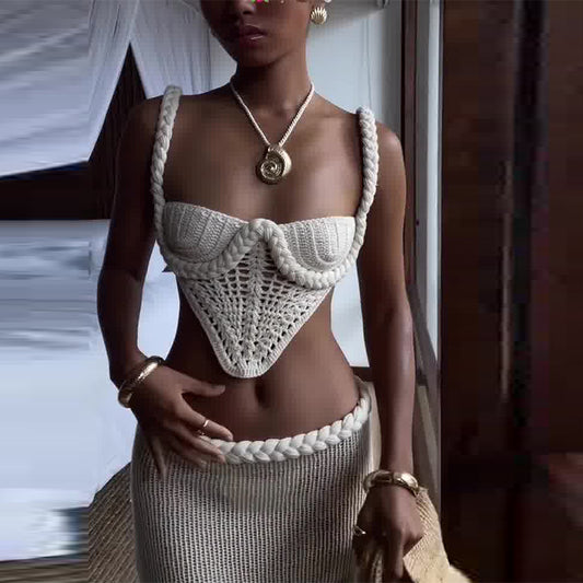 Y2K Crochet Knit 2 Piece Skirt Set